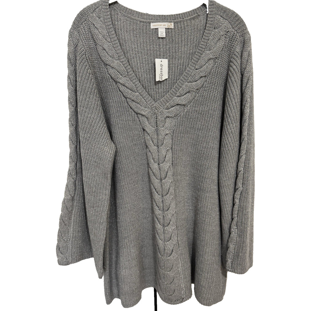 NEW Dressbarn Silver Shimmer V Neck Thick Cable Knit Sweater Plus Size 3X